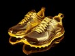 © MdRazib - Golden sneakers black background isolated closeup, gold metal sport shoes, luxury running gumshoes, fashion yellow metallic fitness boots, athletic, football footwear, winner, victory, champion symbol