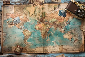 Poster - Travel memories on a world map backdrop showcasing snapshots of global adventures. Generative AI