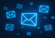 © Galeno - glowing neon blue envelope icons float dark abstract cyber space representing email communication