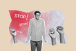 © deagreez - Composite trend artwork sketch image photo collage of stop banner harassment hate hand gesture fist bully young guy student stand confused