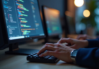 programmer works coding concepts computer keyboard screen professional setting