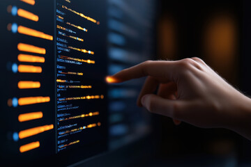 tech enthusiast analyzing code on a screen in a dimly lit environment at night