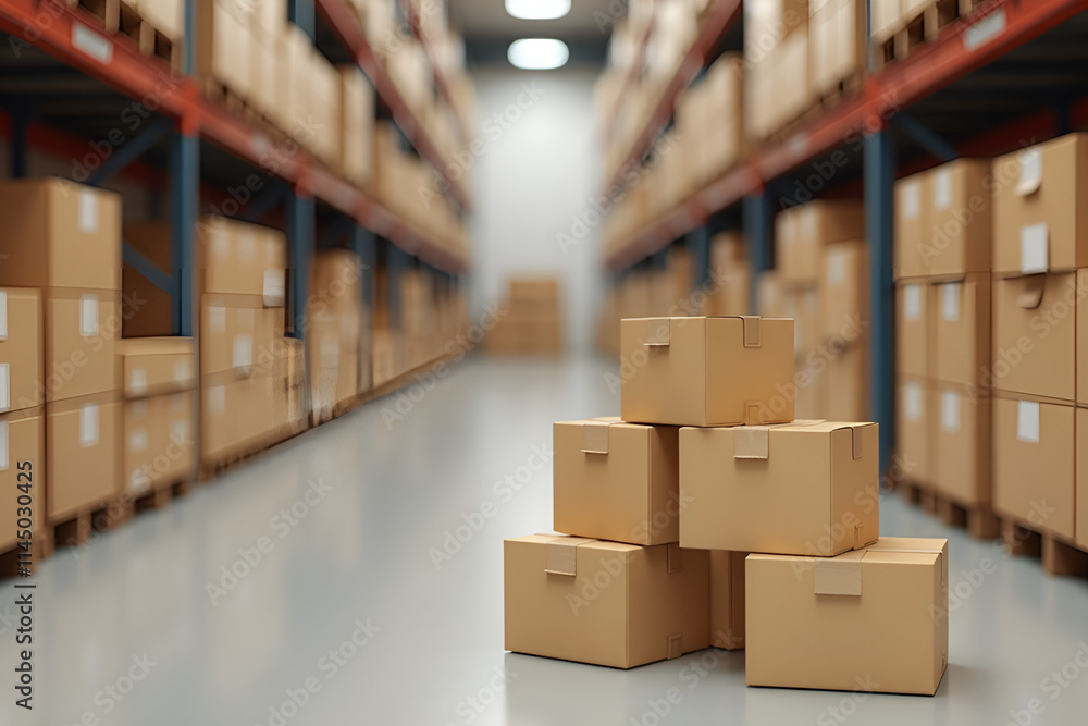 Cardboard boxes on blur storage warehouse shelves background. 3d ...