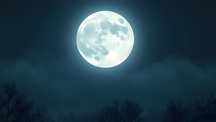 beautiful full moon over a misty tree line. indigo blue moonlight fills the canvas. horizontal