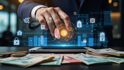 Digital art depicting the banking industrys modernization through fintech solutions and blockchain technology