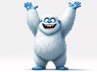 Happy baby yeti with arms raised, smiling joyfully.