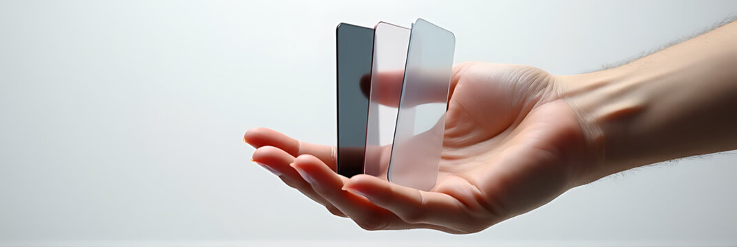 A male hand demonstrates various tempered glass screen protector types including films and covers for mobile phones._00002_
