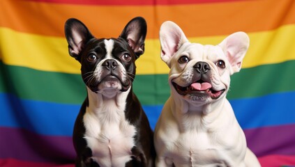 Wall Mural - Two adorable French Bulldogs proudly displayed against a backdrop of the LGBT Pride Flag symbolizing freedom and the rights of the LGBTQ Community