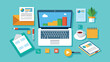 © Azadart - Detailed vector illustration of a modern workspace with laptop, documents, coffee, charts, and office supplies in a vibrant color scheme