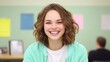 © Leo Rohmann - Smiling young woman in a bright classroom setting radiating positivity and enthusiasm with colorful bulletin boards and natural light in the background