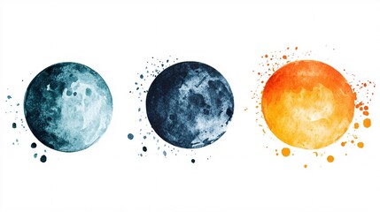 Artistic watercolor representation of three celestial bodies: a blue moon, a dark moon, and a vibrant orange sun.