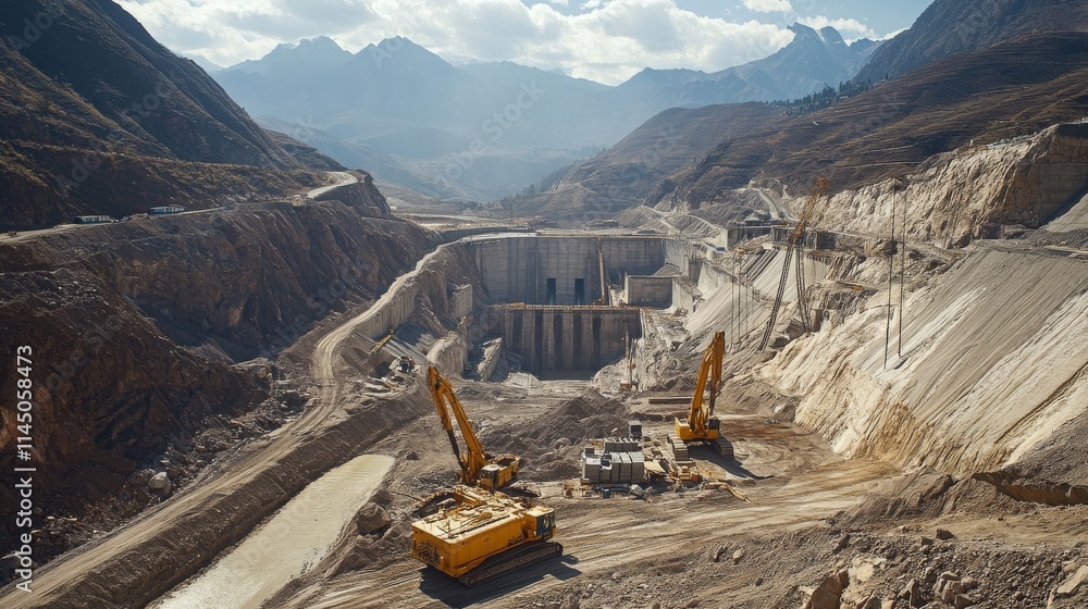 Large Infrastructure Development A large-scale infrastructure project showing massive dams, pipelines ...