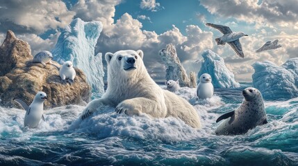 Wall Mural - polar bear with seals and penguins on ice floes in arctic ocean.