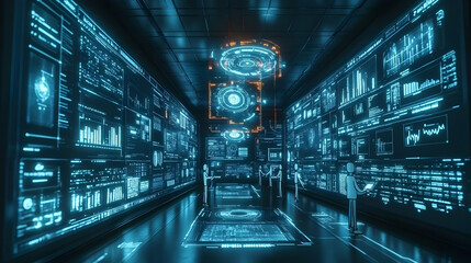 Futuristic data center with holographic displays and analysts reviewing data.
