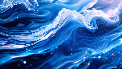 Wall Mural - Swirling blue and white waves with bubbles, create a dynamic and abstract oceanic scene.