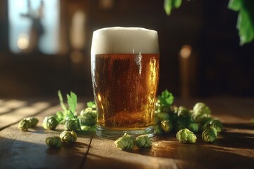 Wall Mural - Glass of cold and fresh beer with green hops on wooden table