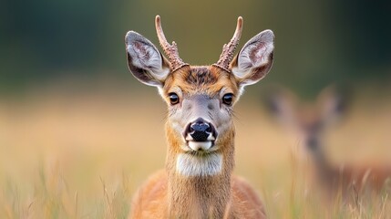 Sticker - Close-up portrait of a young deer with small antlers in a field.