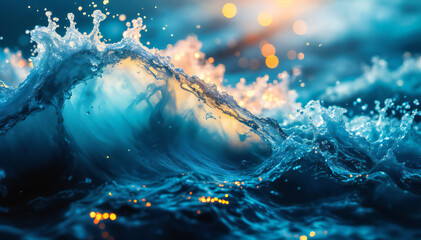 Wall Mural - A large crashing wave with water splashing up, creates a dramatic and powerful scene. The wave is backlit by a warm, glowing light, creating a beautiful contrast against the deep blue water. 