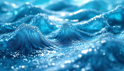 Wall Mural - Waves of shimmering blue water with sparkling droplets , creating a serene and ethereal ocean scene.