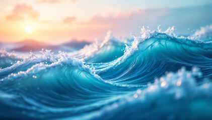 Wall Mural - Crashing blue ocean waves with white foam, against a colorful sunset sky.