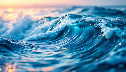 Wall Mural - A large, powerful ocean wave with a cresting, foaming crest against a colorful sunset sky.
