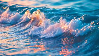 Wall Mural - A large crashing wave with white foamy crests, reflects the warm colors of the sunset in the background. The wave is surrounded by a vibrant blue ocean with rippling water patterns