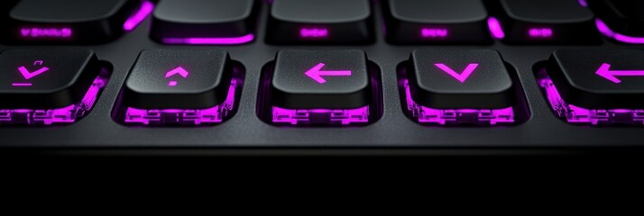 Wall Mural - Close-up of illuminated keyboard keys, showcasing purple backlighting and arrow keys.