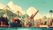 © Liera - A vibrant illustration of a busy shipping port with cargo ships and cranes under a sunny sky.