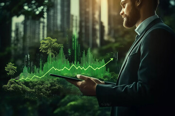 Wall Mural - Businessman Touching Growth Graph – Developing Sustainable Investment Plan for Future Financial Success and Global Economic Growth