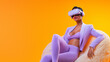 © david - Young woman using glasses of virtual reality sitting on chair isolated over blue background. Smartphone using with VR headset, virtual reality, future