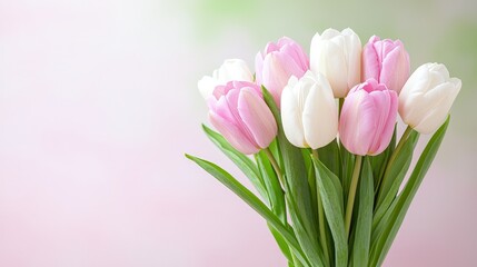 Wall Mural - Pink and white tulips bouquet on soft background.