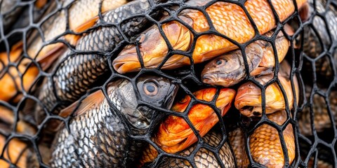 Net full of fish with some of them being orange. The fish are in a net and are not in the water