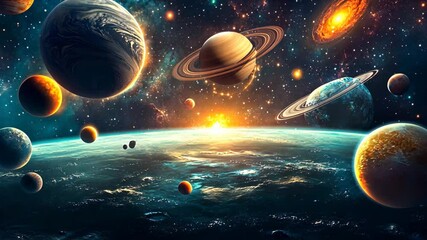 Wall Mural - Explore the vastness of space with vibrant planets and distant stars at dawn