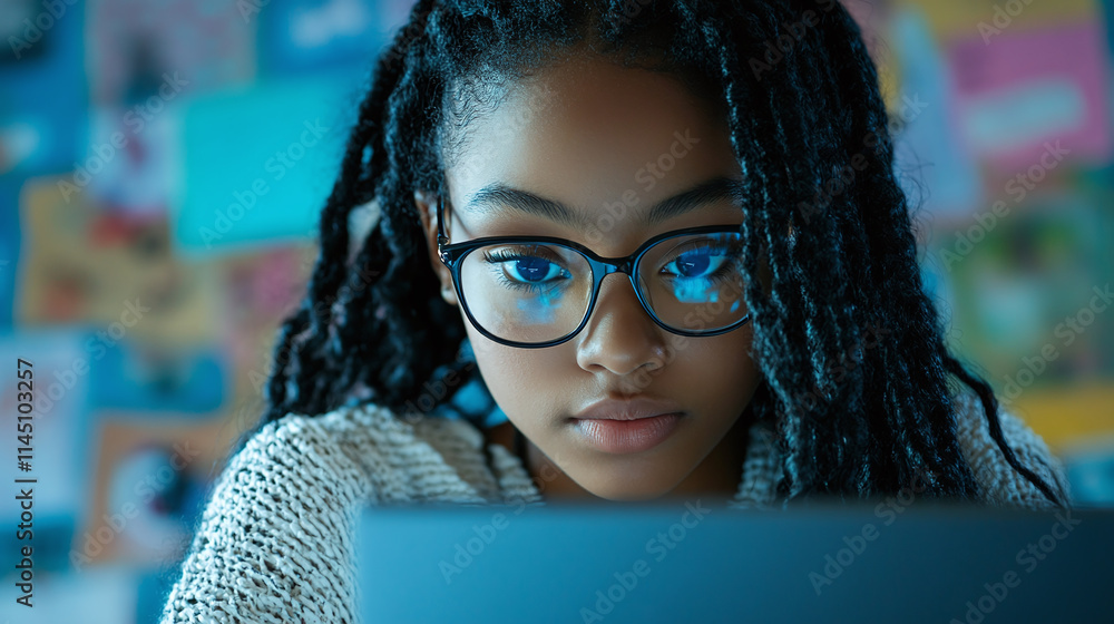 African american student uses laptop in classroom, teenager girl ...