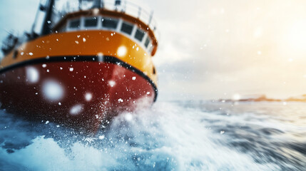 Wall Mural - massive icebreaker cutting through arctic waters, churning white waves during heavy snowfall with dr