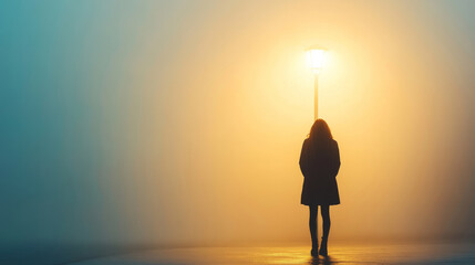 Silhouette of young woman standing under street light in foggy night, creating mysterious and atmospheric mood