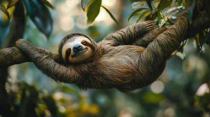 sloth in summer jungle setting, wildlife in nature habitat, lazy animal on tree branch, forest scene