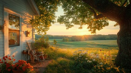 Canvas Print - Sunset view from a cozy cottage porch with flowers and a large tree.