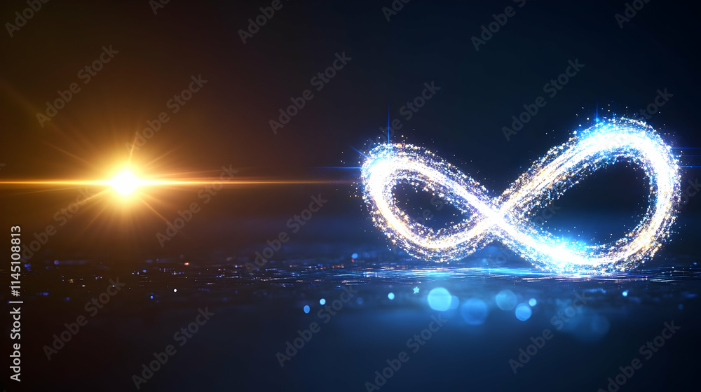 Infinity Symbol Glows with Light Particles and Reflects on Water ...