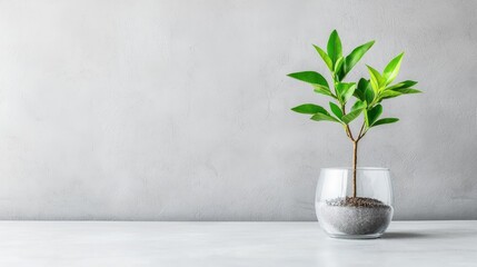 Canvas Print - Small green plant in glass vase on grey background.