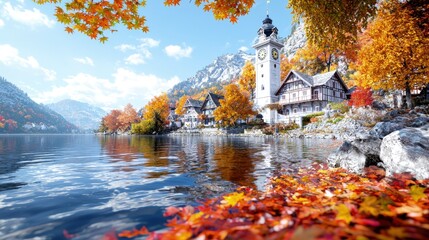 Canvas Print - Autumnal village by lake with colorful trees and mountains.