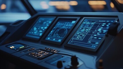Futuristic vehicle control panel with digital displays and buttons at night.