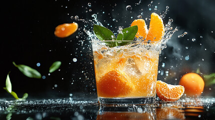 Wall Mural - Tangerine fruit juice splash, fresh mandarin citrus drink, orange liquid droplets, tropical slices with leaves, healthy organic beverage flowing in motion.