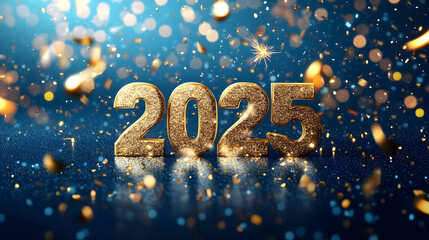 Poster - Vibrant 2025 Happy New Year Backdrop: Festive Gold and Blue Design for Marketing and Celebrations