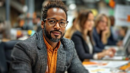 Poster - A confident man with glasses sits at a modern workspace, showcasing his professionalism. He is surrounded by colleagues who are engaged in discussions and tasks related to their projects.
