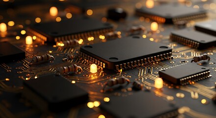Illuminated circuit board with glowing components.
ai