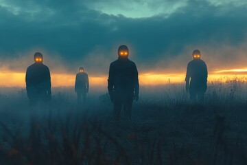 Wall Mural - Glowing-eyed figures stand in foggy field at dusk.