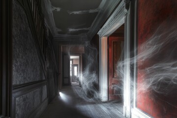 Poster - Dusty hallway, open doors, ethereal mist.