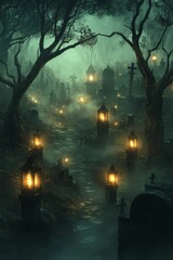 Wall Mural - Foggy graveyard path, lanterns illuminate tombstones.