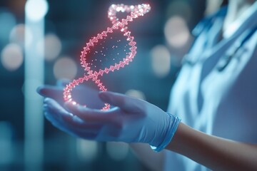 Sticker - A scientist holds a glowing DNA strand, symbolizing genetic research.